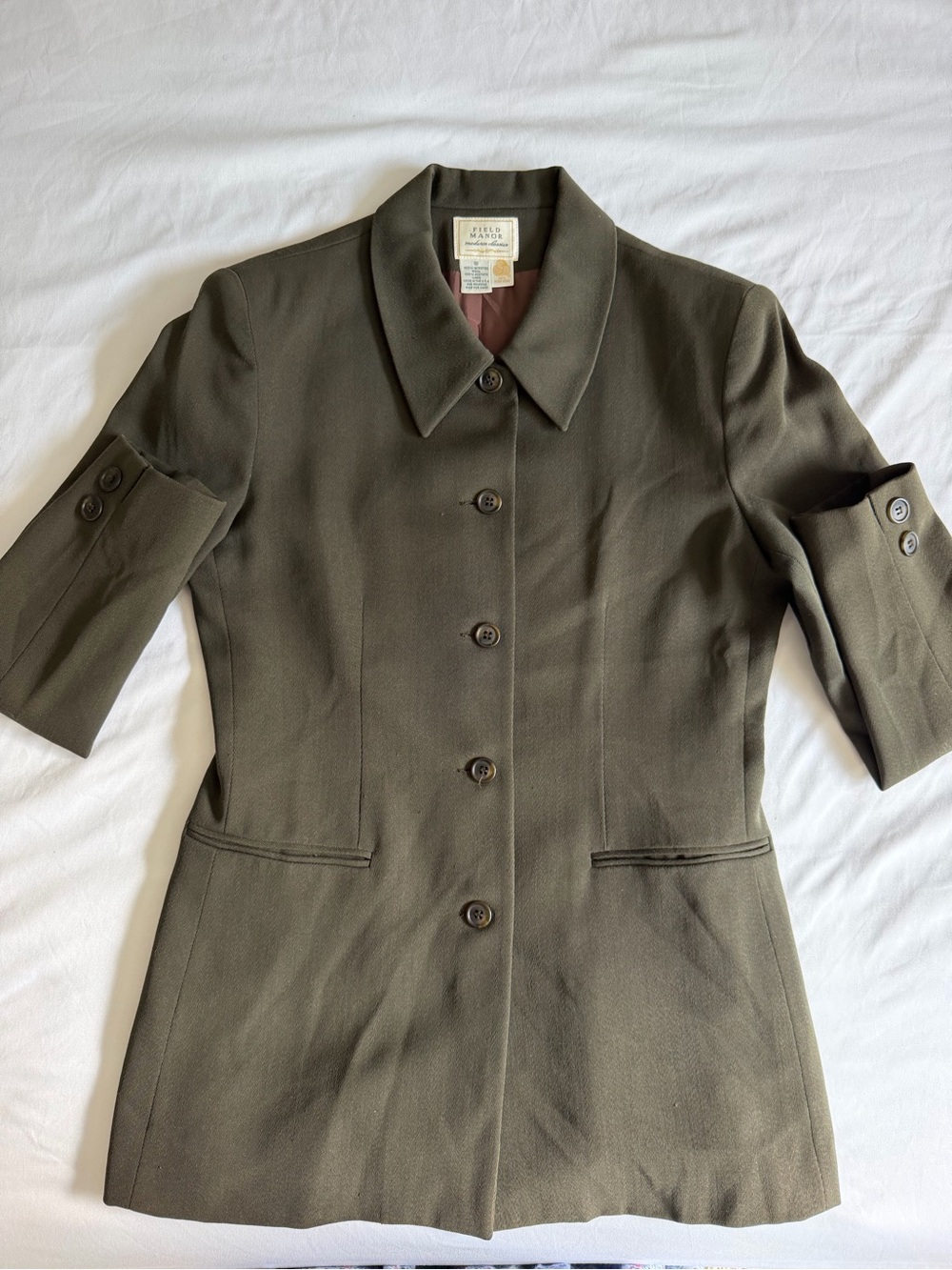 VTG Field Manor 100% Worsted Wool Olive Green USA Made Long Line Blazer